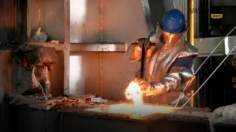 Operador con traje aluminizado frente al horno de fusión